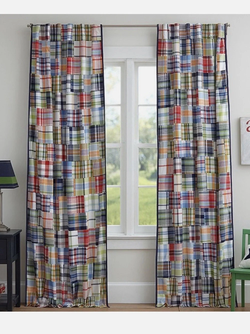 Pottery Barn Kids Plaid Patchwork Window Curtain Panels - Multicolor X4